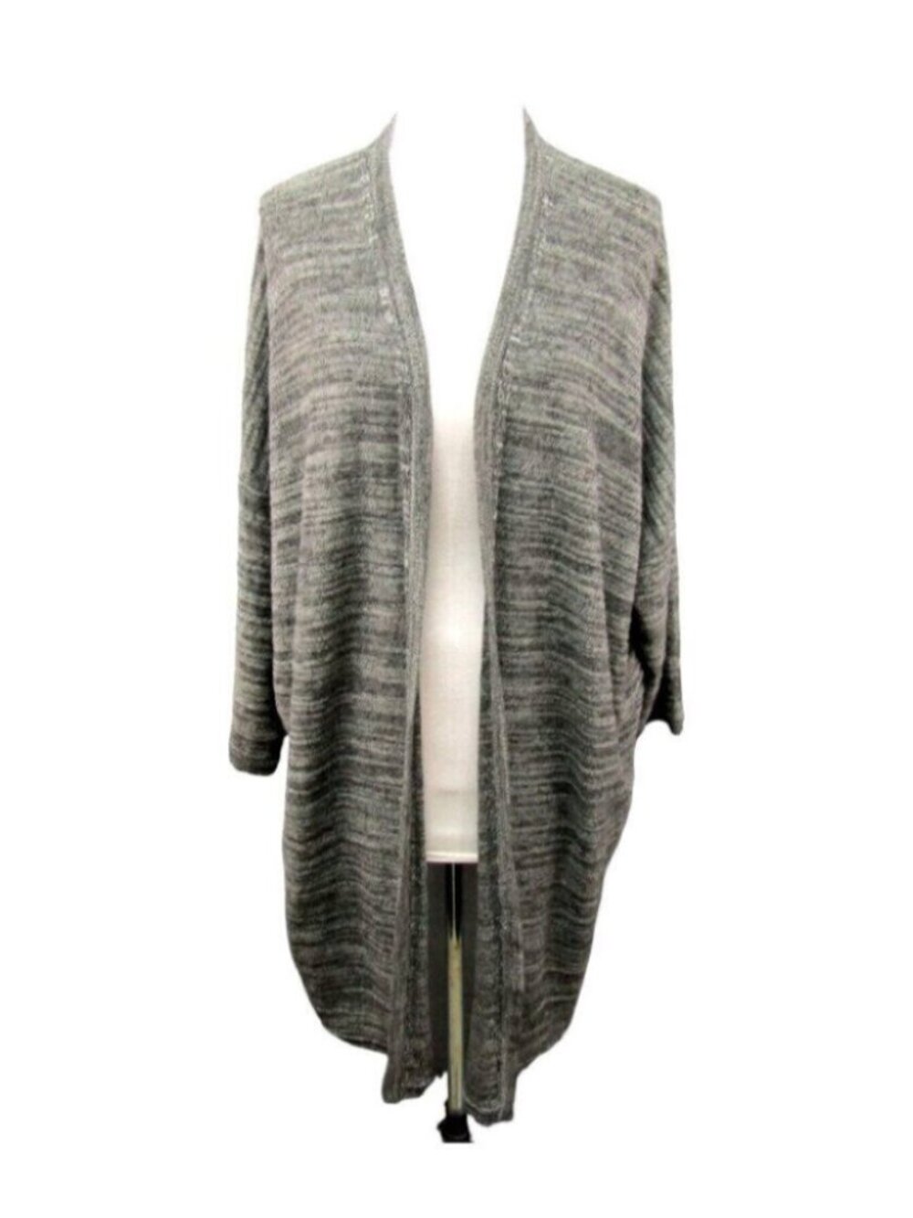 J Jill Gray Black Heathered Linen Blend Open Front Long Cardigan Sweater Size L